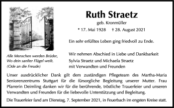Traueranzeige von Ruth Straetz von Stuttgarter Zeitung / Stuttgarter Nachrichten