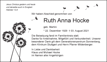 Traueranzeige von Ruth Anna Hocke von Stuttgarter Zeitung / Stuttgarter Nachrichten
