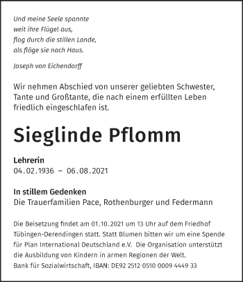 Traueranzeige von Sieglinde Pflomm von Stuttgarter Zeitung / Stuttgarter Nachrichten