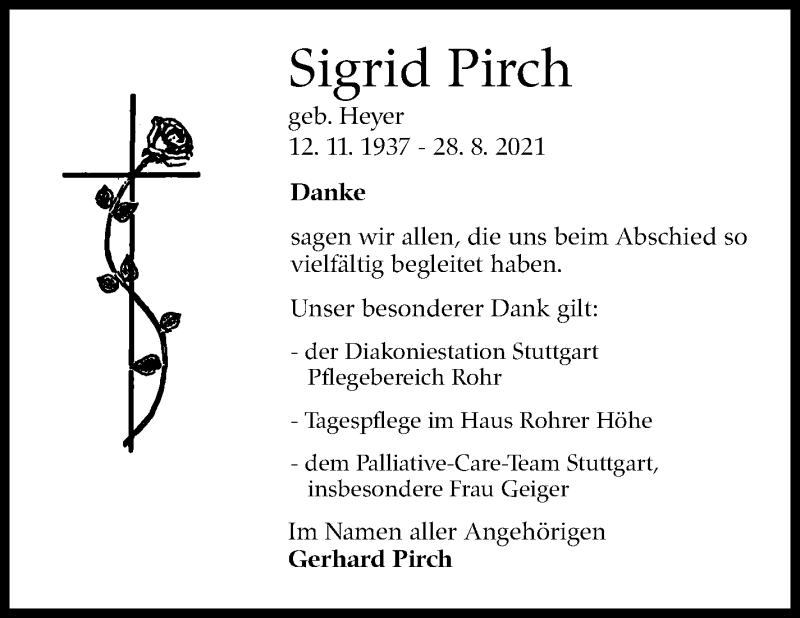  Traueranzeige für Sigrid Pirch vom 25.09.2021 aus Stuttgarter Zeitung / Stuttgarter Nachrichten