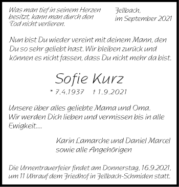 Traueranzeige von Sofie Kurz von Stuttgarter Zeitung / Stuttgarter Nachrichten