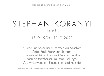 Traueranzeige von Stephan Koranyi von Stuttgarter Zeitung / Stuttgarter Nachrichten