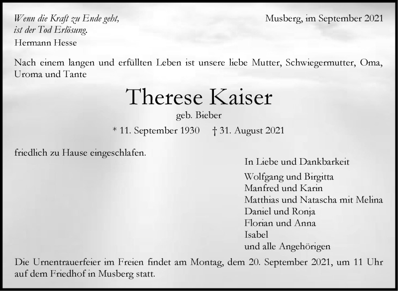  Traueranzeige für Therese Kaiser vom 08.09.2021 aus Stuttgarter Zeitung / Stuttgarter Nachrichten