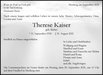 Traueranzeige von Therese Kaiser von Stuttgarter Zeitung / Stuttgarter Nachrichten