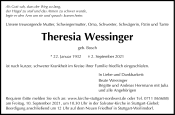 Traueranzeige von Theresia Wessinger von Stuttgarter Zeitung / Stuttgarter Nachrichten