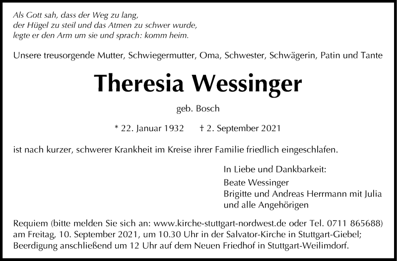  Traueranzeige für Theresia Wessinger vom 04.09.2021 aus Stuttgarter Zeitung / Stuttgarter Nachrichten