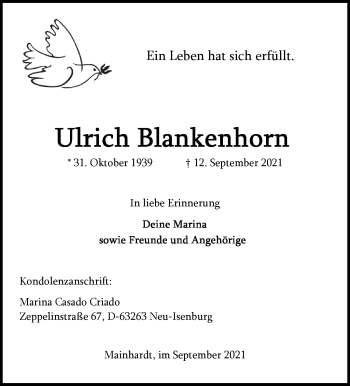 Traueranzeige von Ulrich Blankenhorn von Stuttgarter Zeitung / Stuttgarter Nachrichten