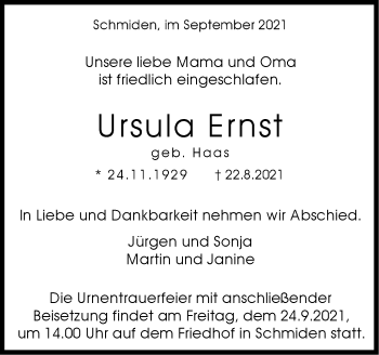 Traueranzeige von Ursula Ernst von Stuttgarter Zeitung / Stuttgarter Nachrichten