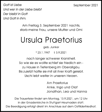 Traueranzeige von Ursula Praetorius von Stuttgarter Zeitung / Stuttgarter Nachrichten