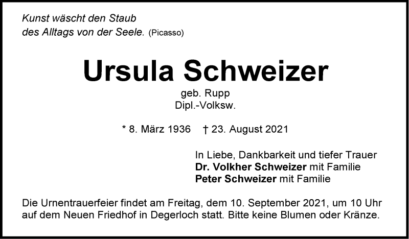  Traueranzeige für Ursula Schweizer vom 04.09.2021 aus Stuttgarter Zeitung / Stuttgarter Nachrichten