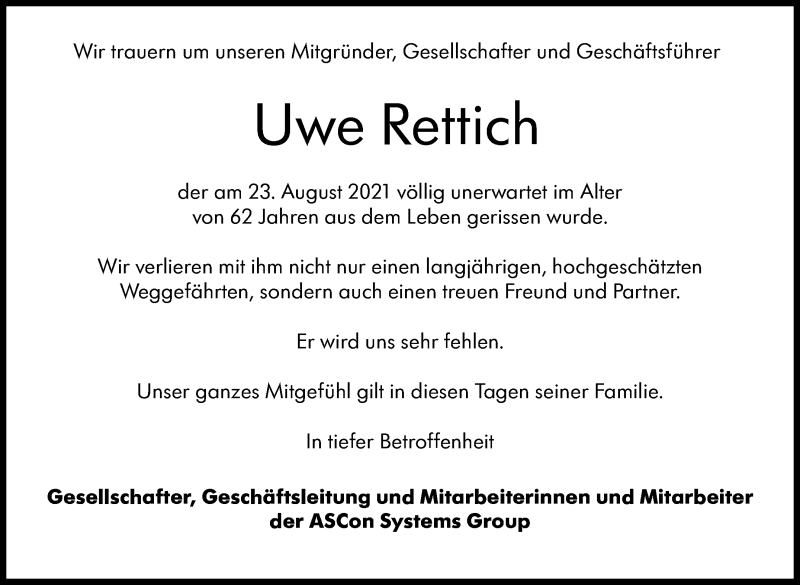  Traueranzeige für Uwe Rettich vom 07.09.2021 aus Stuttgarter Zeitung / Stuttgarter Nachrichten