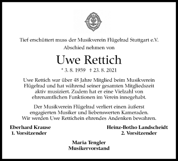 Traueranzeige von Uwe Rettich von Stuttgarter Zeitung / Stuttgarter Nachrichten