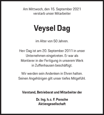 Traueranzeige von Veysel Dag von Stuttgarter Zeitung / Stuttgarter Nachrichten
