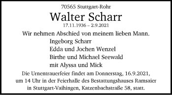 Traueranzeige von Walter Scharr von Stuttgarter Zeitung / Stuttgarter Nachrichten