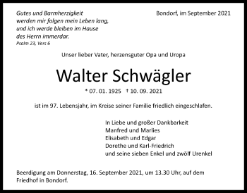 Traueranzeige von Walter Schwägler von Stuttgarter Zeitung / Stuttgarter Nachrichten