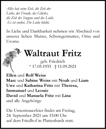 Traueranzeige von Waltraut Fritz von Stuttgarter Zeitung / Stuttgarter Nachrichten