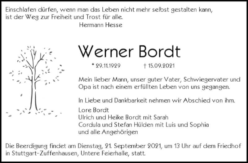  Traueranzeige für Werner Bordt vom 18.09.2021 aus Stuttgarter Zeitung / Stuttgarter Nachrichten