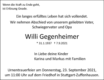 Traueranzeige von Willi Gegenheimer von Stuttgarter Zeitung / Stuttgarter Nachrichten