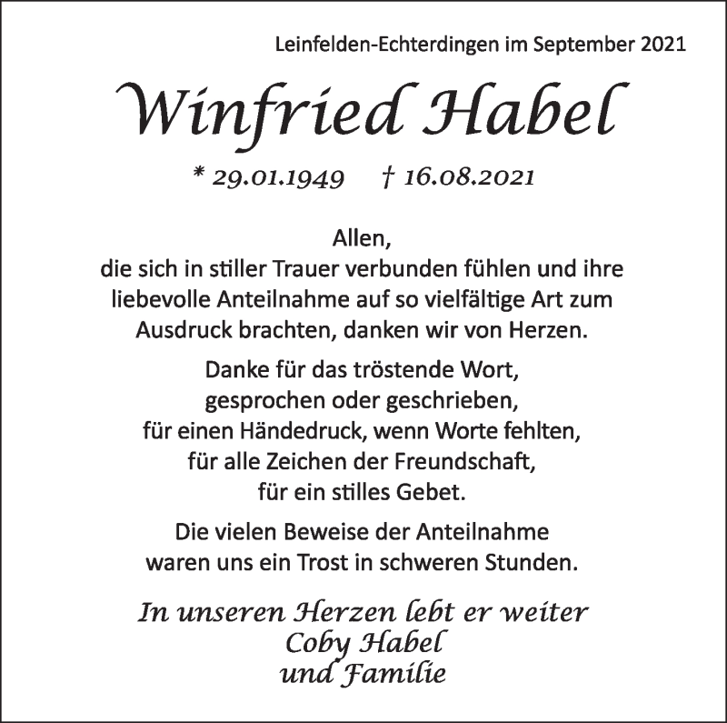  Traueranzeige für Winfried Habel vom 24.09.2021 aus Stuttgarter Zeitung / Stuttgarter Nachrichten
