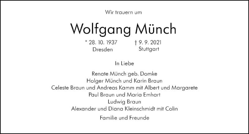  Traueranzeige für Wolfgang Münch vom 18.09.2021 aus Stuttgarter Zeitung / Stuttgarter Nachrichten