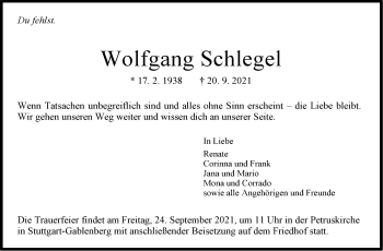 Traueranzeige von Wolfgang Schlegel von Stuttgarter Zeitung / Stuttgarter Nachrichten