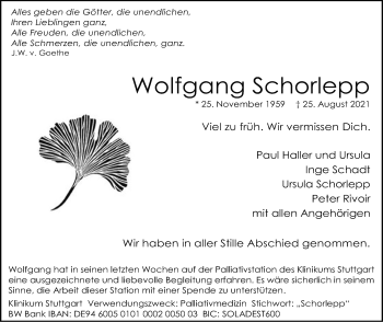 Traueranzeige von Wolfgang Schorlepp von Stuttgarter Zeitung / Stuttgarter Nachrichten