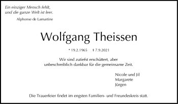 Traueranzeige von Wolfgang Theissen von Stuttgarter Zeitung / Stuttgarter Nachrichten