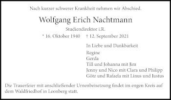 Traueranzeige von Wolfgang Erich Nachtmann von Stuttgarter Zeitung / Stuttgarter Nachrichten
