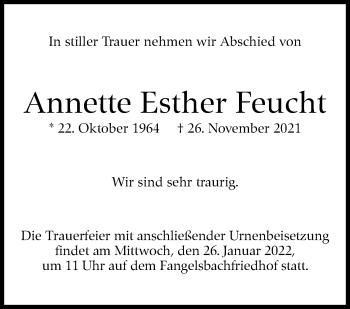 Traueranzeige von Annette Esther Feucht von Stuttgarter Zeitung / Stuttgarter Nachrichten