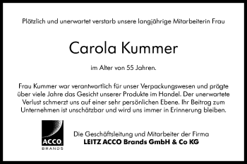 Traueranzeige von Carola Kummer von Stuttgarter Zeitung / Stuttgarter Nachrichten