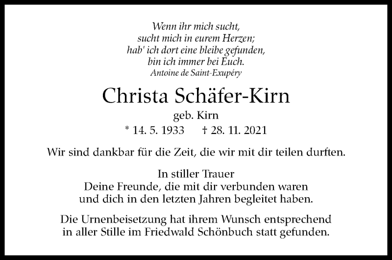 Traueranzeige für Christa Schäfer-Kirn vom 15.01.2022 aus Stuttgarter Zeitung / Stuttgarter Nachrichten