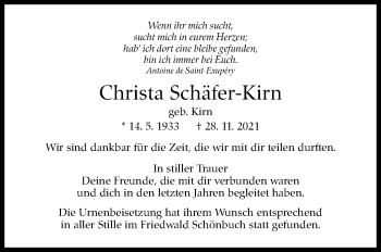 Traueranzeige von Christa Schäfer-Kirn von Stuttgarter Zeitung / Stuttgarter Nachrichten