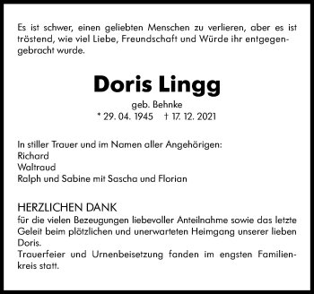 Traueranzeige von Doris Lingg von Stuttgarter Zeitung / Stuttgarter Nachrichten