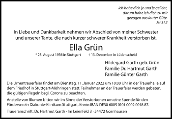 Traueranzeige von Ella Grün von Stuttgarter Zeitung / Stuttgarter Nachrichten
