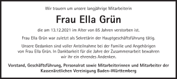 Traueranzeige von Ella Grün von Stuttgarter Zeitung / Stuttgarter Nachrichten