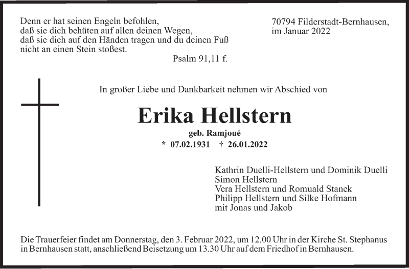  Traueranzeige für Erika Hellstern vom 31.01.2022 aus Stuttgarter Zeitung / Stuttgarter Nachrichten