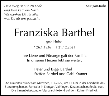 Traueranzeige von Franziska Barthel von Stuttgarter Zeitung / Stuttgarter Nachrichten