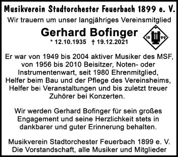 Traueranzeige von Gerhard Bofinger von Stuttgarter Zeitung / Stuttgarter Nachrichten