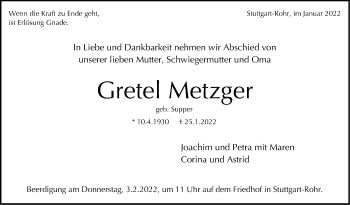 Traueranzeige von Gretel Metzger von Stuttgarter Zeitung / Stuttgarter Nachrichten