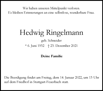 Traueranzeige von Hedwig Ringelmann von Stuttgarter Zeitung / Stuttgarter Nachrichten