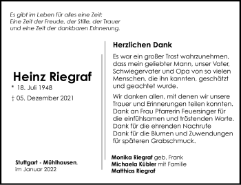 Traueranzeige von Heinz Riegraf von Stuttgarter Zeitung / Stuttgarter Nachrichten