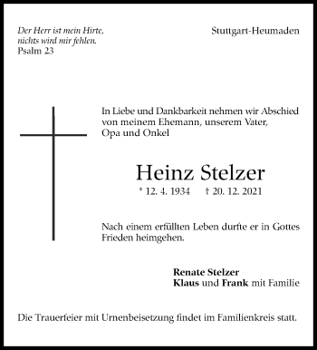 Traueranzeige von Heinz Stelzer von Stuttgarter Zeitung / Stuttgarter Nachrichten