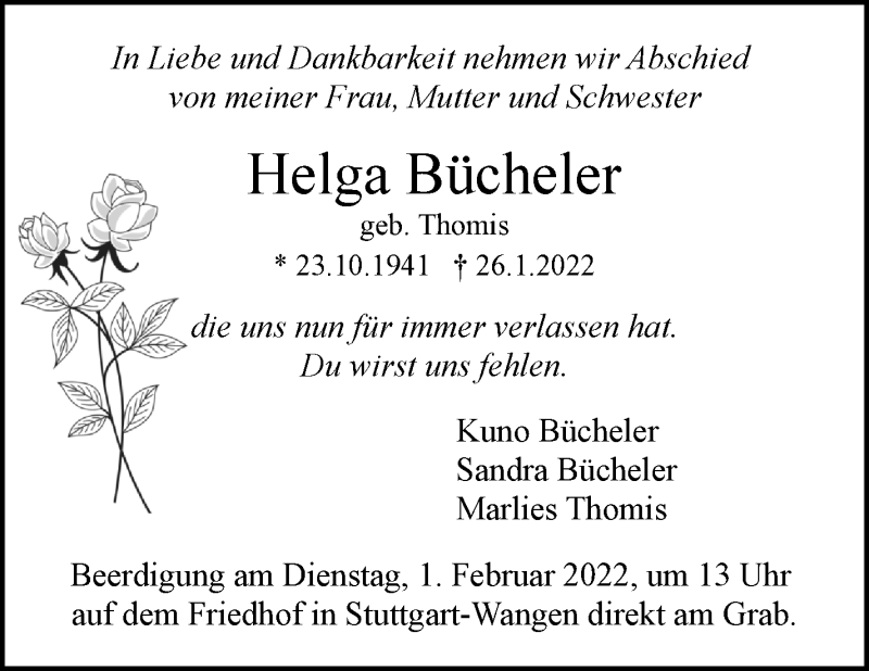  Traueranzeige für Helga Bücheler vom 29.01.2022 aus Stuttgarter Zeitung / Stuttgarter Nachrichten