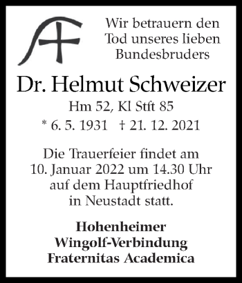 Traueranzeige von Helmut Schweizer von Stuttgarter Zeitung / Stuttgarter Nachrichten