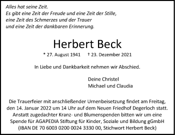 Traueranzeige von Herbert Beck von Stuttgarter Zeitung / Stuttgarter Nachrichten