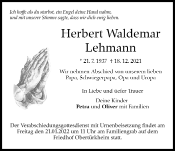 Traueranzeige von Herbert Waldemar Lehmann von Stuttgarter Zeitung / Stuttgarter Nachrichten