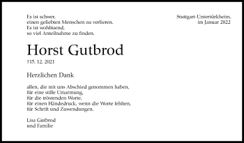 Traueranzeige von Horst Gutbrod von Stuttgarter Zeitung / Stuttgarter Nachrichten