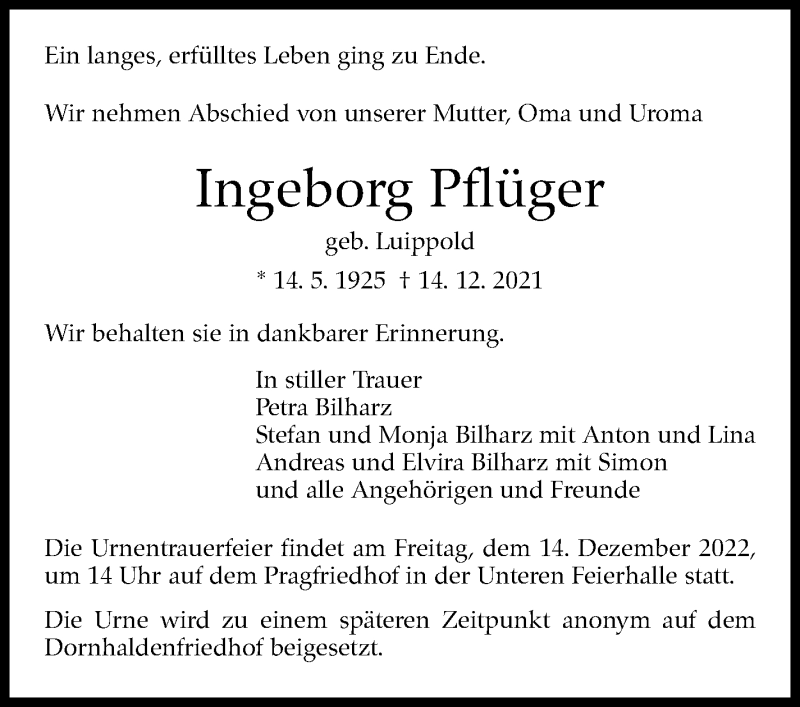  Traueranzeige für Ingeborg Pflüger vom 08.01.2022 aus Stuttgarter Zeitung / Stuttgarter Nachrichten
