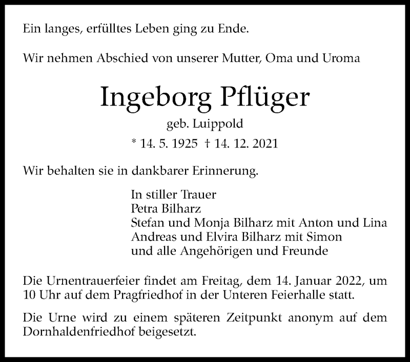  Traueranzeige für Ingeborg Pflüger vom 12.01.2022 aus Stuttgarter Zeitung / Stuttgarter Nachrichten