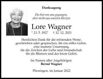 Traueranzeige von Lore Wagner von Stuttgarter Zeitung / Stuttgarter Nachrichten